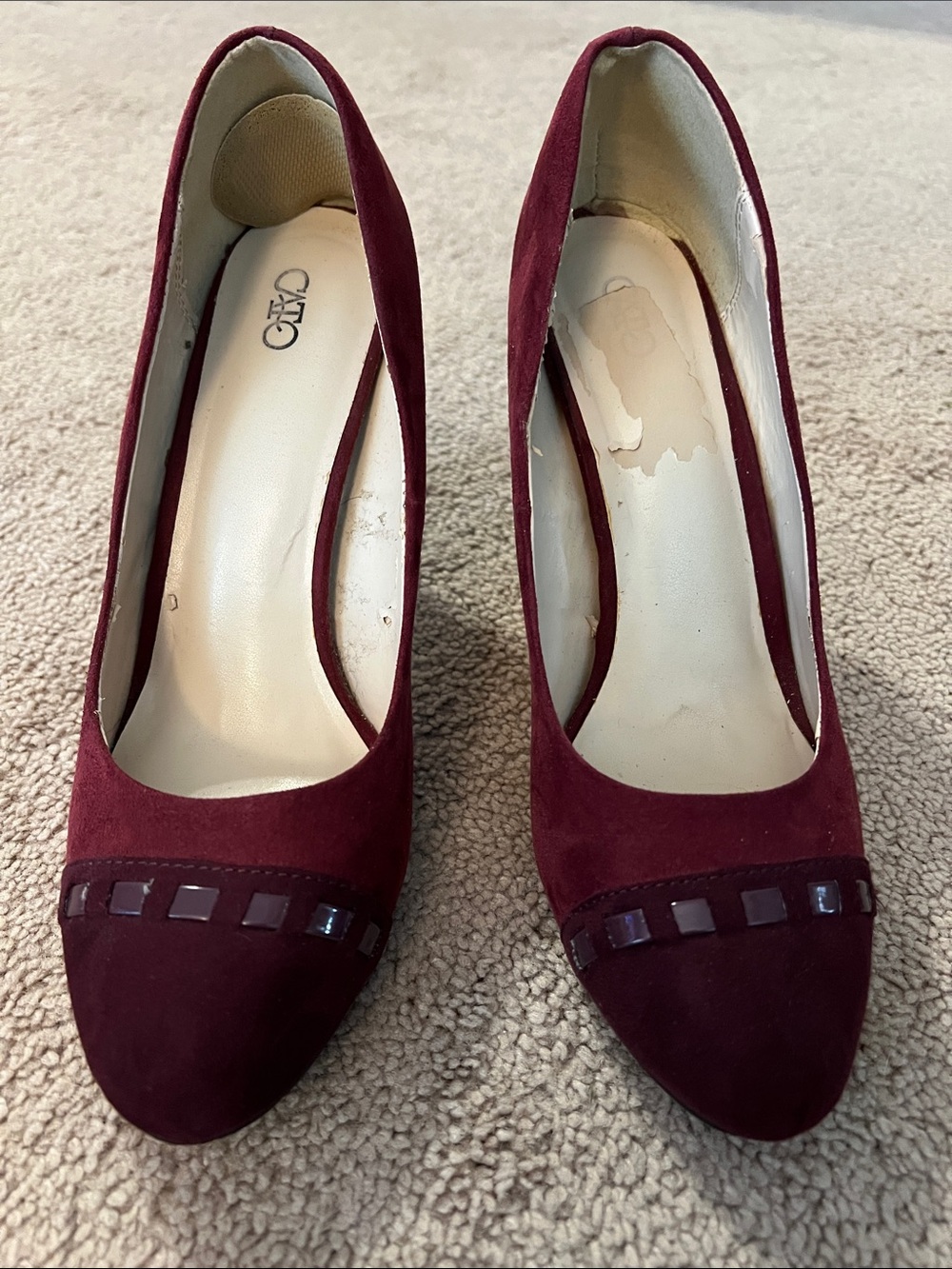 Cato Burgundy Suede Heels with Toe Embellishment